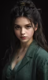 a close up of a woman in green