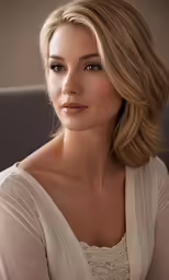a close up shot of a blonde woman with shoulder length bangs