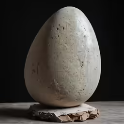 an egg on a piece of wood on a wooden table