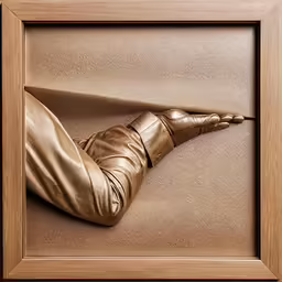 a framed photo with a womans foot and gold pants