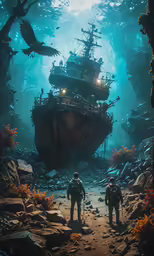 the pirate ship is surrounded by water and rocks