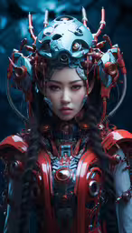 a beautiful asian woman dressed up like a robot,a girl with metal and armor wearing a headdress