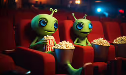 two alien sit on red seats and eat popcorn in the movie theater,two small alien characters sit in front of popcorn