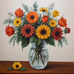 a glass vase full of yellow, orange and red flowers
