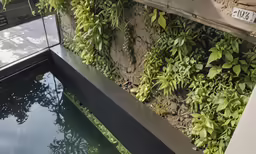 a green wall over a pool in front of a building
