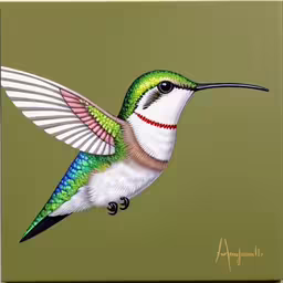 a colorful hummingbird painting on a green background,there is a picture of a bird painted on the side of a canvas,painting of a bird flying with red and green feathers,this is a picture of a hummingbird painted on canvas,a drawing of a humming bird with wings spread