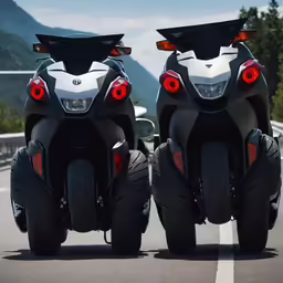 two motorcycles are parked on the side of the road
