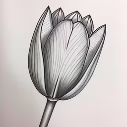 an ink - pen drawing of a single flower bud,a black and white drawing of a single flower,this is an outline drawing of a tulip,a pencil drawing of a flower with white petals,a pencil drawing of a flower bud on a white background