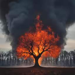 a large tree with lots of dark clouds rising from it