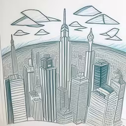 a picture of a drawing of a city,a drawing of a city landscape with buildings