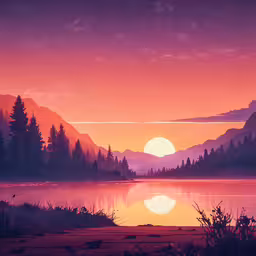 the setting sun on a hazy day in the woods,a picture of a lake at sunset with mountains in the distance