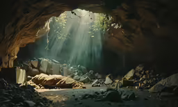 a cave entrance with sun shining through and boulders