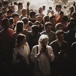 a woman holding up a smart phone in front of a group of people