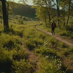 man walking down a dirt path in a wooded area