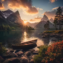 an empty canoe in the water at sunrise
