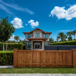 a residential house behind a wood fenced in yard