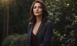 a woman stands near the bushes and trees