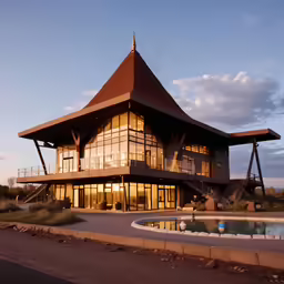 an unusual architecture structure at dusk with a pond