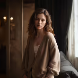 a woman is standing by a bed in the living room