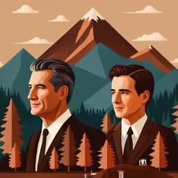 a couple of men standing in front of a forest filled with trees