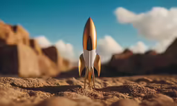 a gold and white model rocket is flying through the air