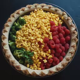 various fruits are placed in a pie plate