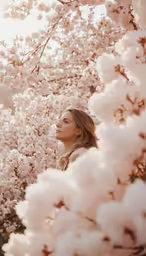 woman staring up in front of blooming tree