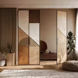 a living room with an accent wall and plant and artwork on the walls
