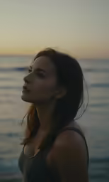 an adult stands on the beach by the water at sunset