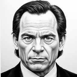 the face of an adult man with a dark suit and tie
