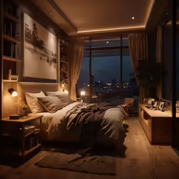 a large bed sitting under a window next to a window covered in curtains