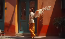 a woman holding an angel wings next to a building