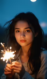 the girl is holding up her sparkler at night