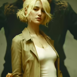 a digital painting of a blonde haired woman in a trench coat