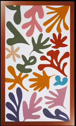 an orange and green and white painting with leaves