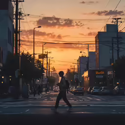 the man is walking across a city street