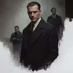 the two men are standing in front of a black and white painting