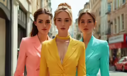 three women stand together in a street on the side walk