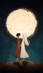 two girls standing on top of a rock under a large sun