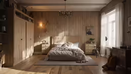 bedroom with a bed, chair, and dresser in it