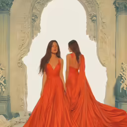 two beautiful women dressed in orange dress in front of a arch