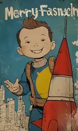 a cartoon painting of a boy in front of a rocket