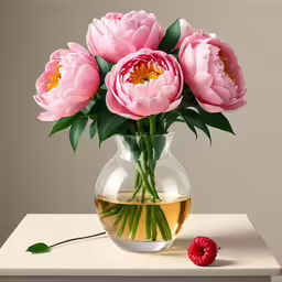 some pink flowers in a vase filled with wine