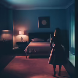 a person standing near a bed and lights