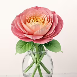 an empty glass vase with water holding a pink flower