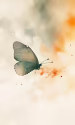 a white butterfly flying on the wing of a pink and orange sunset