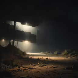 a dark room with four bright lights at the end