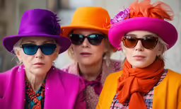 the older women are wearing purple hats and glasses