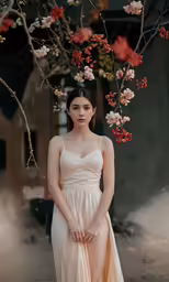 a young girl in a long gown stands near a tree