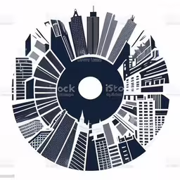 the city of modern buildings and skyscrapers in a circle,an abstract skyline of skyscrapers and buildings in a circle